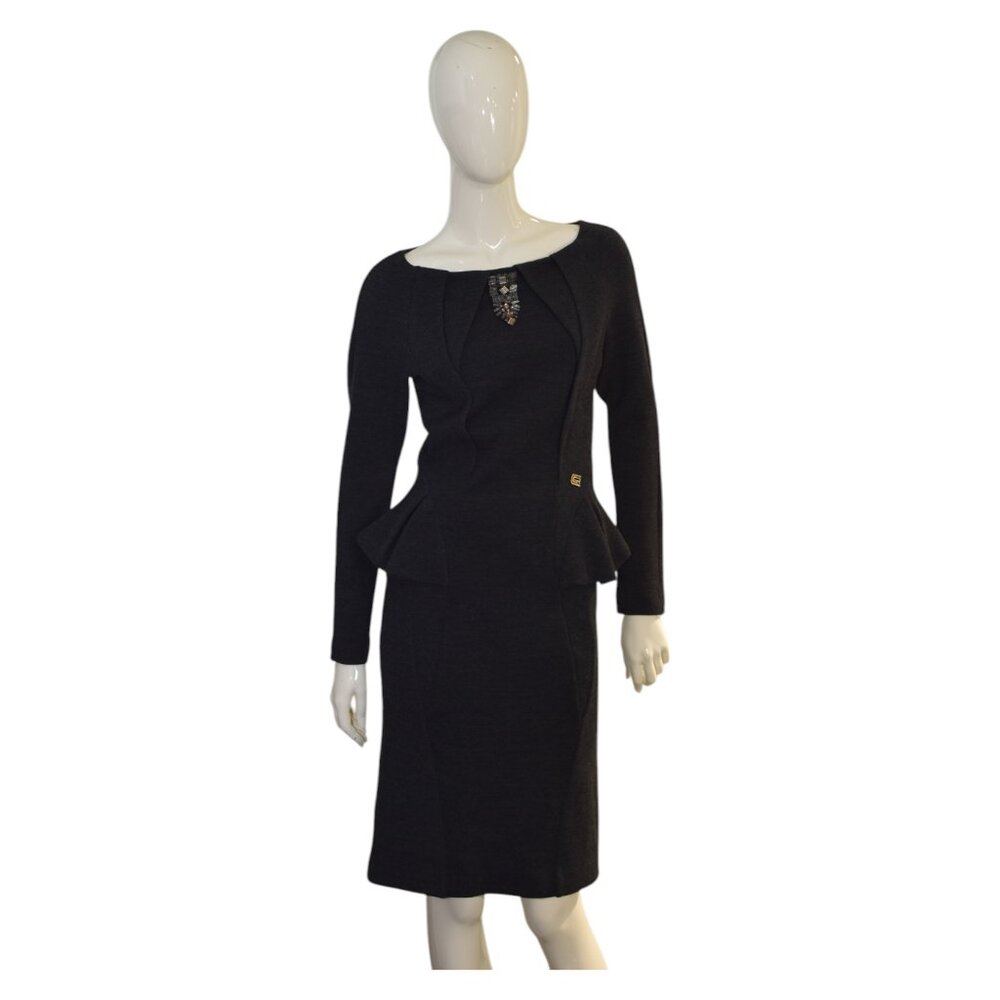 Class Roberto Cavalli Anthracite Gray Wool Long Sleeve Knee Origami Dress sz 44